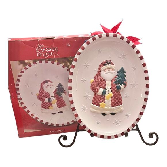 Make The Season Bright Santa Claus 15” Oval SERVING PLATTER Christmas Plate Box! - Picture 1 of 5